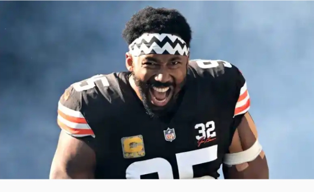 Myles Garrett of the Browns takes a lighthearted swipe at Joe Flacco.