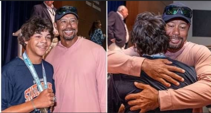 Tiger Woods celebrates with his son Charlie as 15-year-old receives high school state championship ring